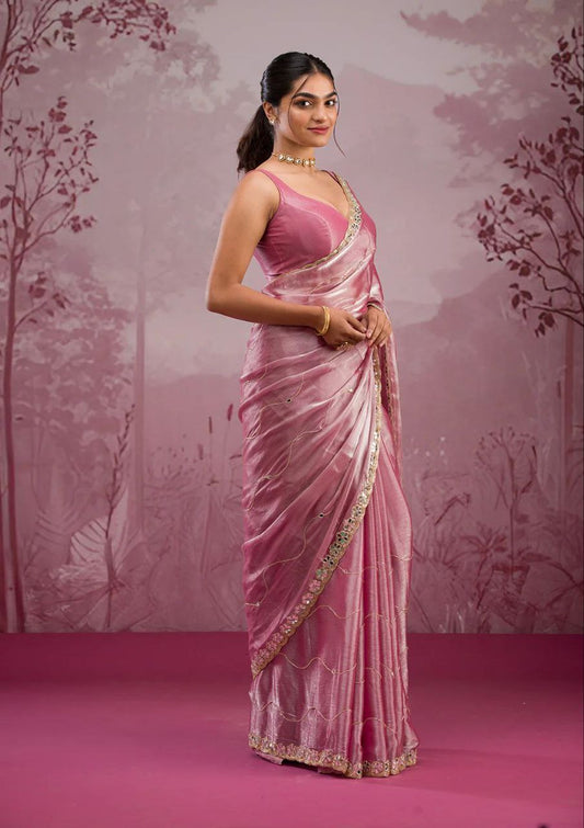 Awesome Glitter Dori Work Pink Color Designer Saree