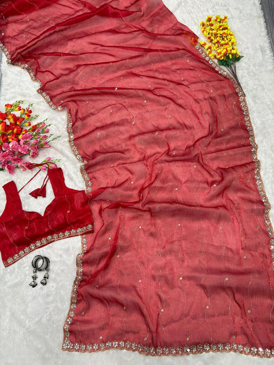 Awesome Glitter Dori Work Red Designer Saree