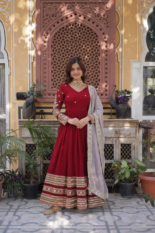 Occasion Wear Sequins Work Red Color Gown With Dupatta