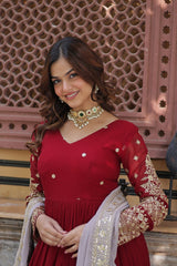 Occasion Wear Sequins Work Red Color Gown With Dupatta