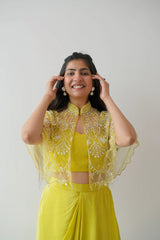 Luxuriant Natural Crep Lemon Color Dhoti Suit With Koti