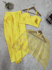 Luxuriant Natural Crep Lemon Color Dhoti Suit With Koti
