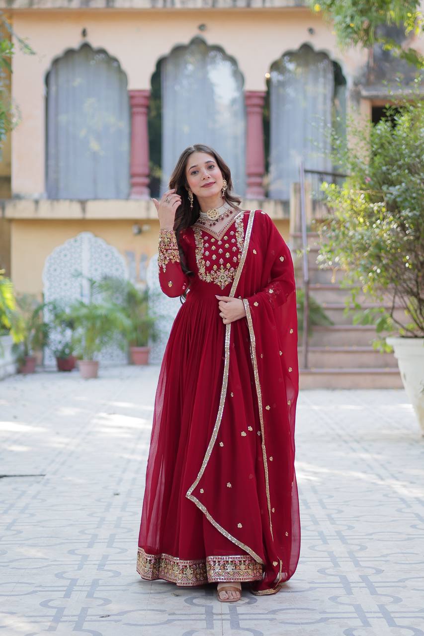 Fantastic Embroidered Work Maroon Color Gown With Dupatta