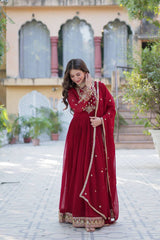 Fantastic Embroidered Work Maroon Color Gown With Dupatta
