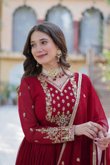 Fantastic Embroidered Work Maroon Color Gown With Dupatta
