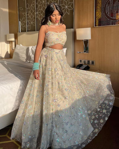 Designer Embroidery Sequins Work White Color Lehenga Choli
