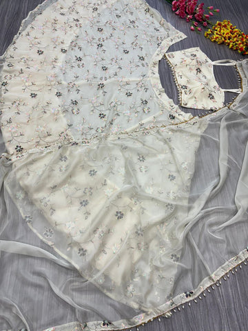 Designer Embroidery Sequins Work White Color Lehenga Choli