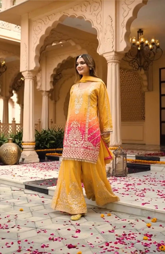 Beautiful Coding Sequence Work Yellow Color Sharara Suit