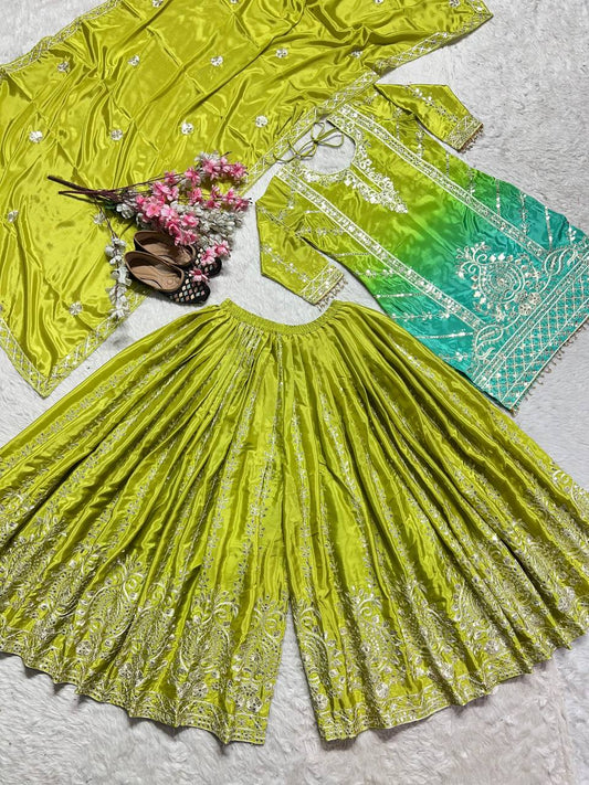 Beautiful Coding Sequence Work Green Color Sharara Suit