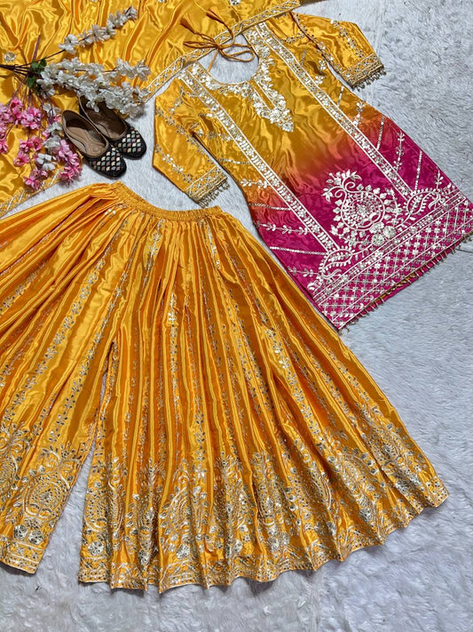 Beautiful Coding Sequence Work Yellow Color Sharara Suit