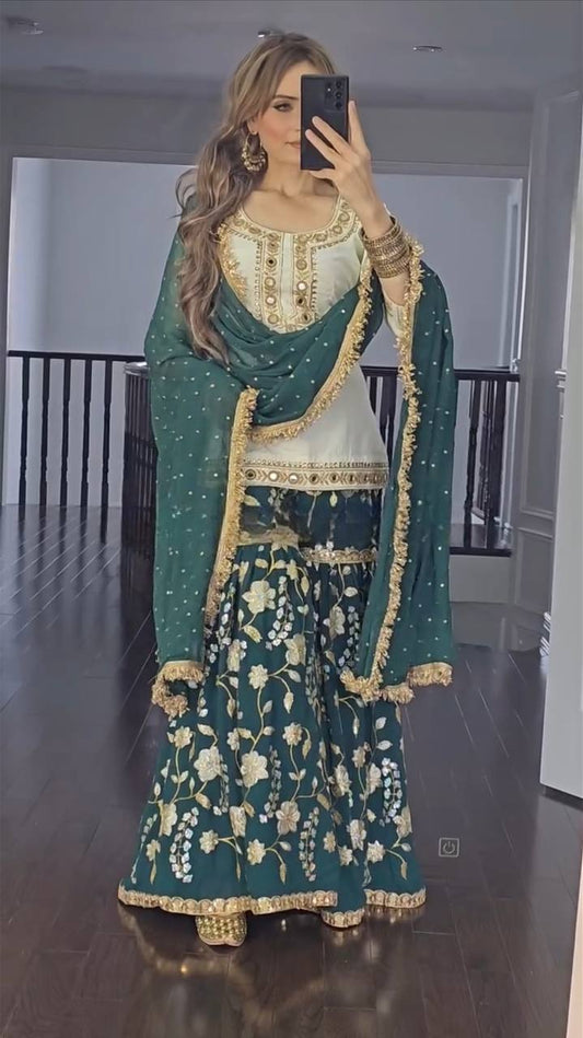 Awesome Sequence Work Green Color Sharara Suit