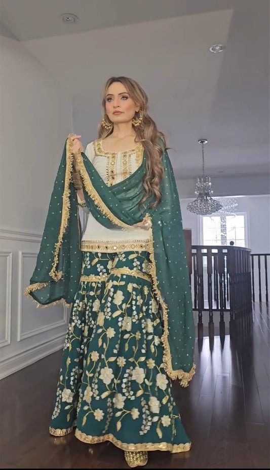 Awesome Sequence Work Green Color Sharara Suit