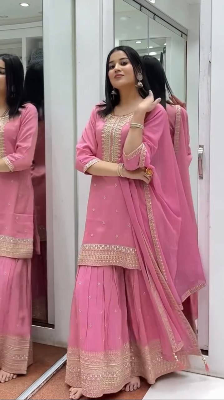 Superhit Sequence Work Pink Color Sharara Suit