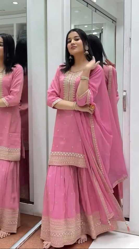 Superhit Sequence Work Pink Color Sharara Suit