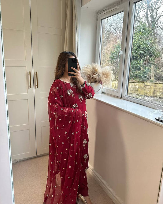 Attractive Sequence Work Red Color Sharara Suit