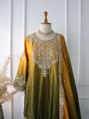 Flattering Chinnon Silk Mehndi Color Embroidery Work Sharara Suit