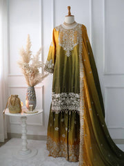 Flattering Chinnon Silk Mehndi Color Embroidery Work Sharara Suit