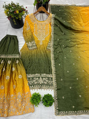Flattering Chinnon Silk Mehndi Color Embroidery Work Sharara Suit
