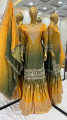 Flattering Chinnon Silk Mehndi Color Embroidery Work Sharara Suit