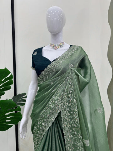 Adorable Burberry Silk Sequnce Work Perrot Green Color Saree