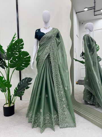 Adorable Burberry Silk Sequnce Work Perrot Green Color Saree