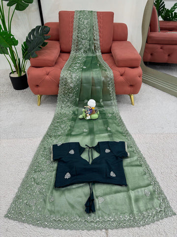Adorable Burberry Silk Sequnce Work Perrot Green Color Saree