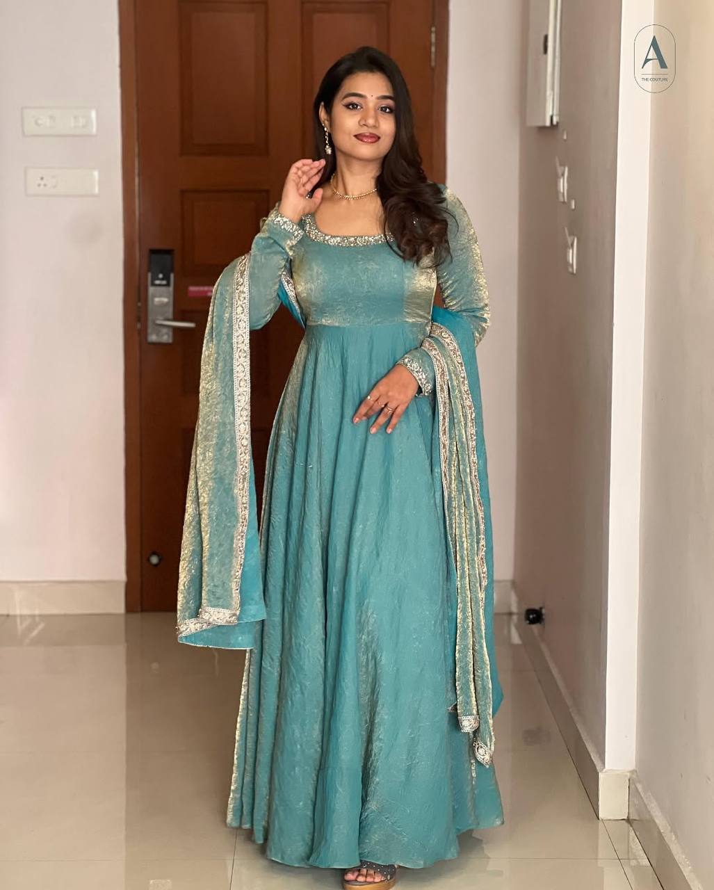 Good Looking Fandy Silk Sky Blue Color Gown