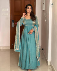 Good Looking Fandy Silk Sky Blue Color Gown