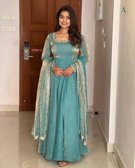 Good Looking Fandy Silk Sky Blue Color Gown
