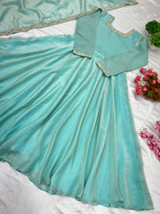 Good Looking Fandy Silk Sky Blue Color Gown