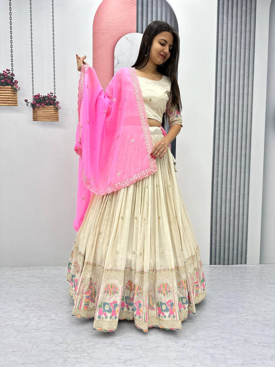 Wonderful  Banarasi Tissue Silk Cream Color lehenga choli