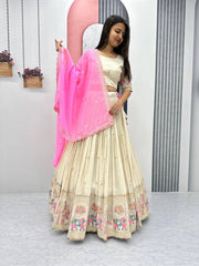 Wonderful  Banarasi Tissue Silk Cream Color lehenga choli