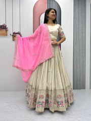 Wonderful  Banarasi Tissue Silk Cream Color lehenga choli