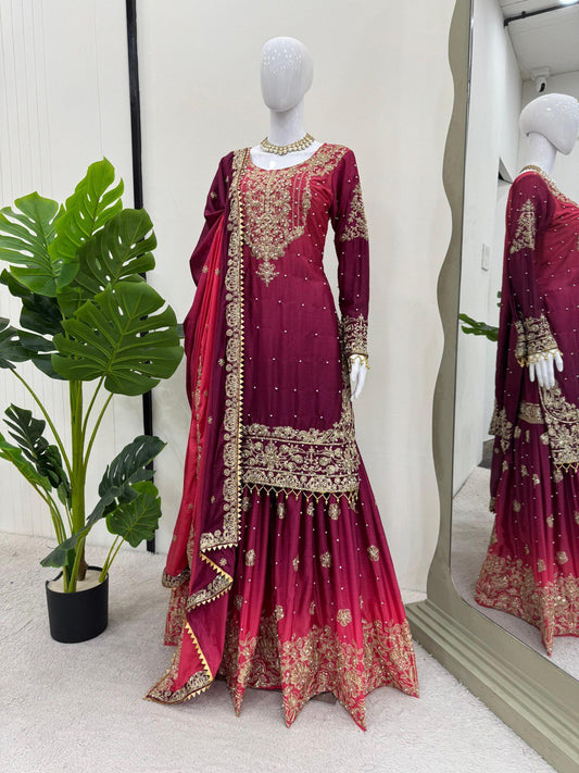 Preferable Chinon Silk Double Shade Wine Color Sharara Suit