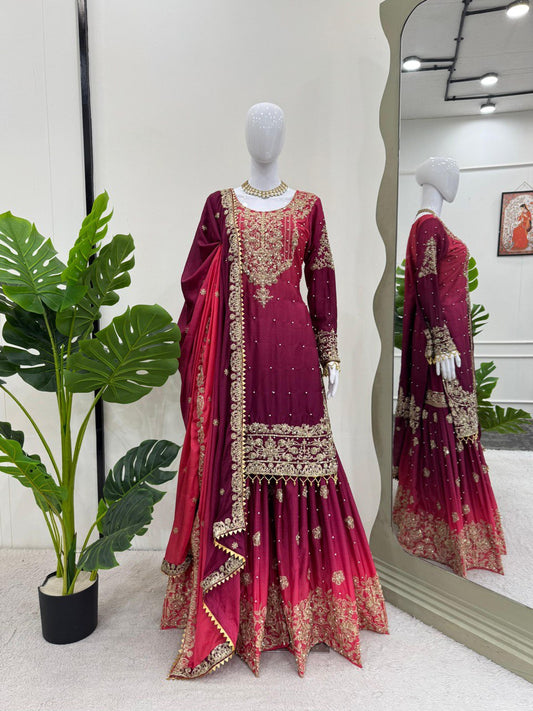 Preferable Chinon Silk Double Shade Wine Color Sharara Suit
