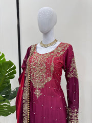Preferable Chinon Silk Double Shade Wine Color Sharara Suit