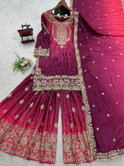 Preferable Chinon Silk Double Shade Wine Color Sharara Suit