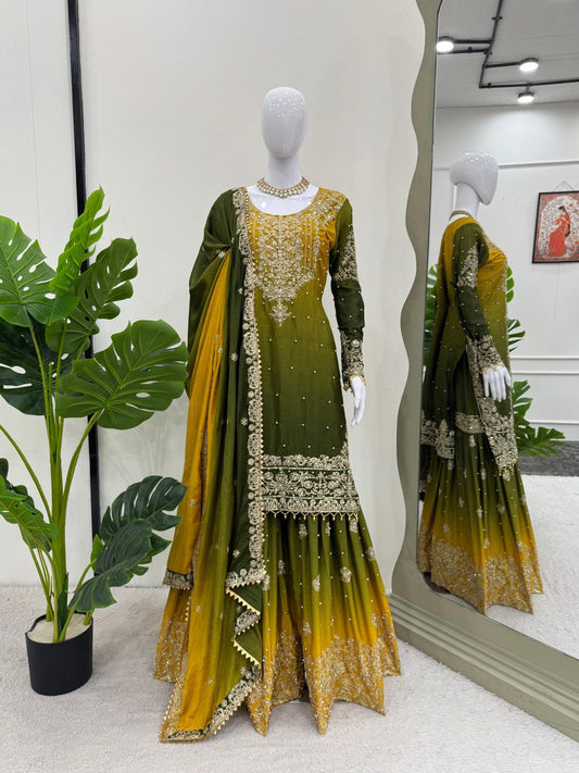 Preferable Chinon Silk Double Shade Mehndi Color Sharara Suit