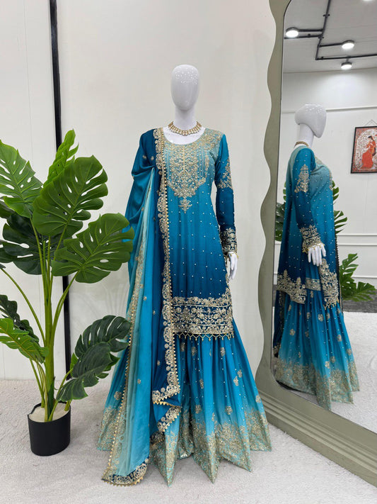 Preferable Chinon Silk Double Shade Sky Blue Color Sharara Suit