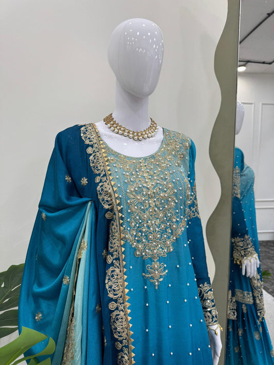 Preferable Chinon Silk Double Shade Sky Blue Color Sharara Suit