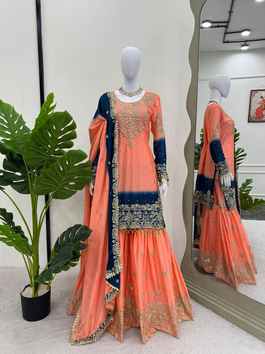 Preferable Chinon Silk Double Shade Peach Color Sharara Suit