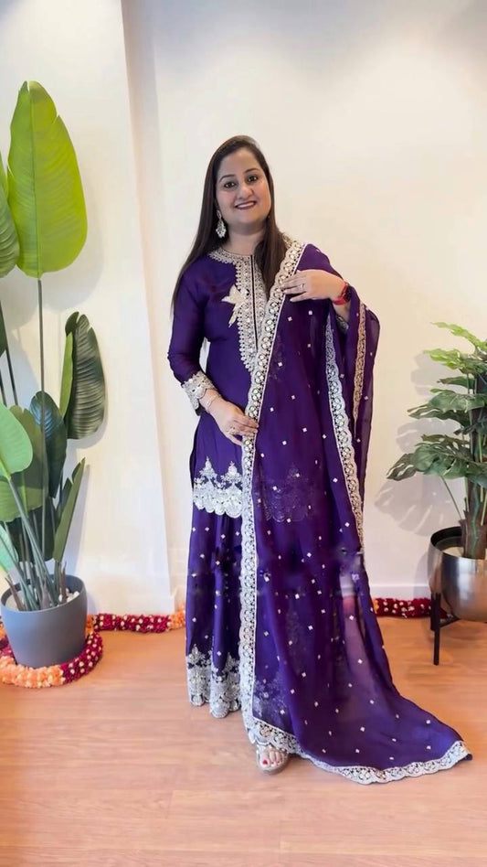 Gorgeous Embroidery Work Purple Color Sharara Suit