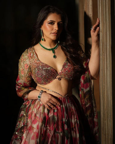 Outstanding Organza Multi Red Color lehenga Choli