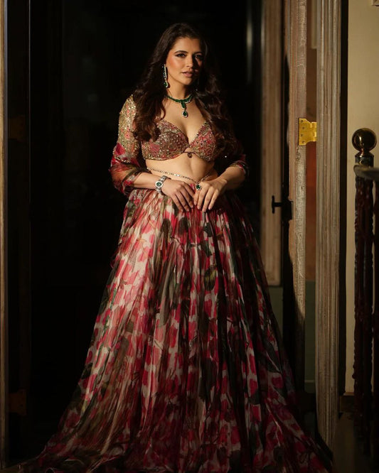 Outstanding Organza Multi Red Color lehenga Choli
