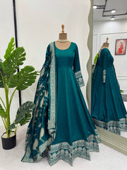 Party Wear Satin Silk Teal Blue Color Gown