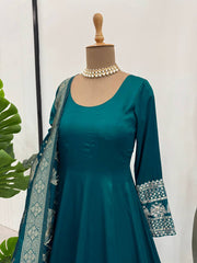 Party Wear Satin Silk Teal Blue Color Gown