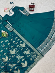 Party Wear Satin Silk Teal Blue Color Gown