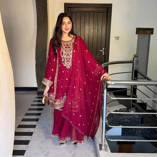 Wedding & Party Wear Sequins Work Red Color Sharara Suit