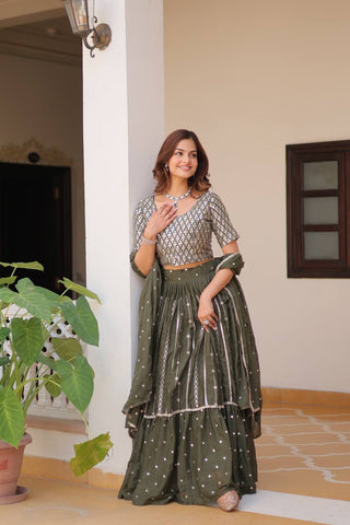 Flattering Georgette Sequence Work Mehndi Color Lehenga Choli