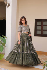 Flattering Georgette Sequence Work Mehndi Color Lehenga Choli